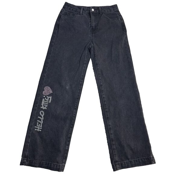 Forever‎ 21 HelloKitty Girls Jeans Rhinestone Logo Black 14Y Wide Leg Y2K Kawaii - Picture 10 of 11